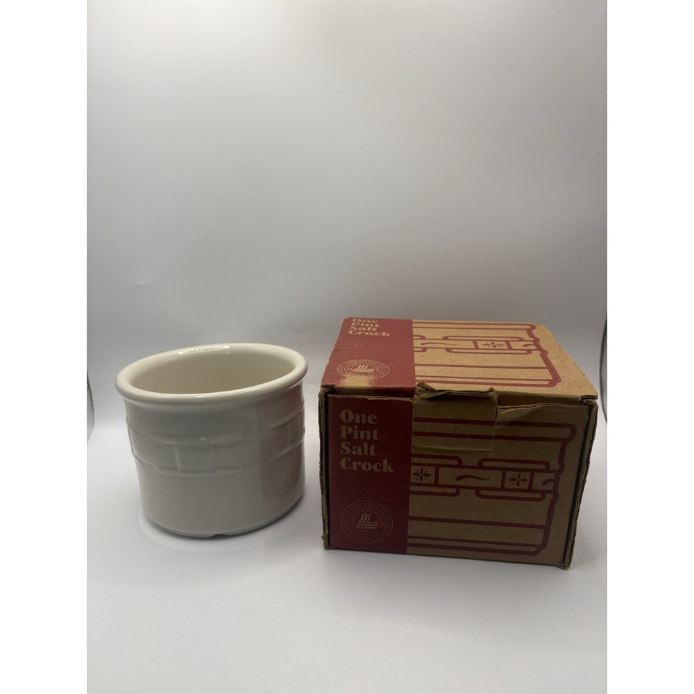 Longaberger Ceramic Pottery USA 1 Pint Salt Crock Ivory Woven Traditions Vtg